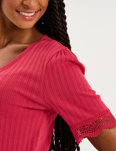 Blouse manches courtes col V dentelle rose cerise femme