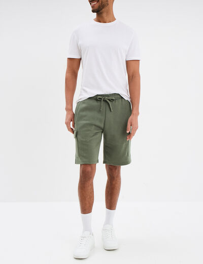 Bermuda cargo molleton taille élastiquée vert kaki homme