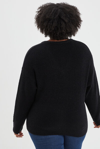 Pull manches chauves-souris col en V noir femme grande taille