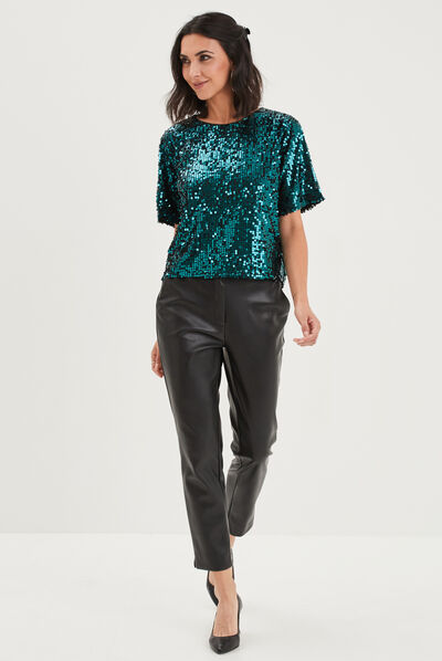 T-shirt à sequins manches courtes droit vert canard femme