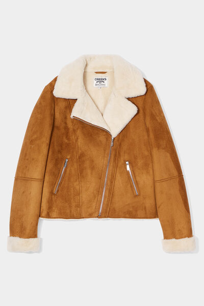 Veste peau lainée zippée Creeks camel femme