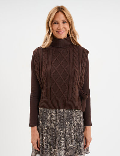 Pull gilet noeuds col roulé sans manches marron foncé femme
