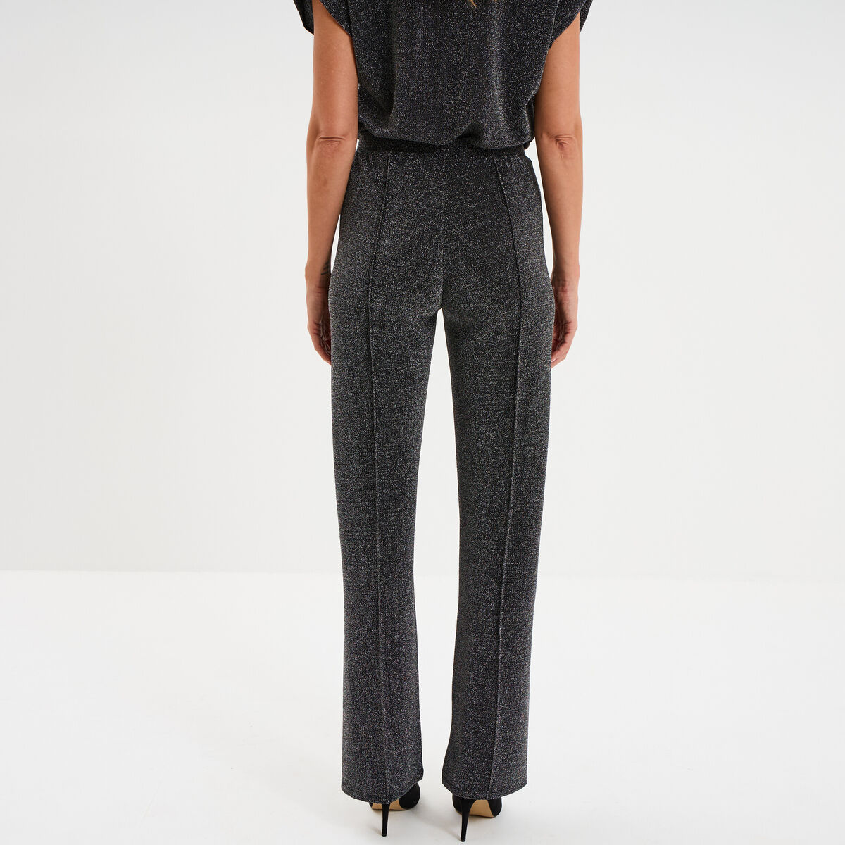 Pantalon flare fils m&eacute;tallis&eacute;s gris argent femme