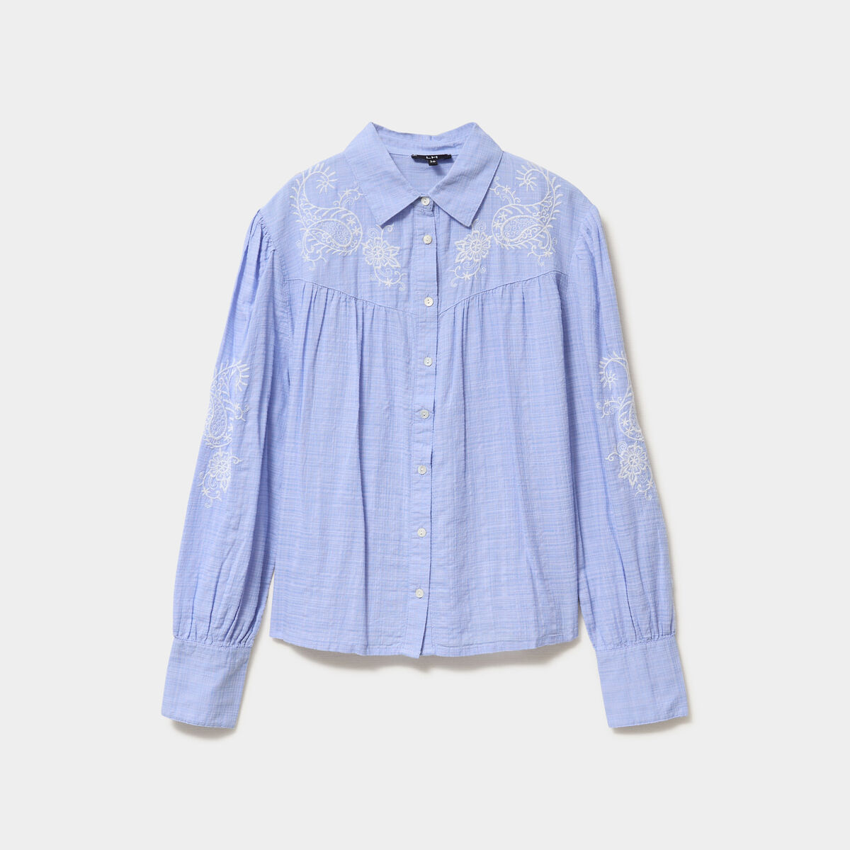 Chemise brod&eacute;e manches longues bleu ciel femme