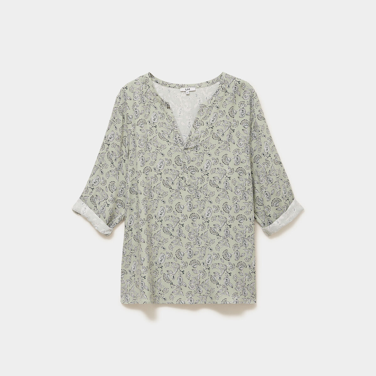 Blouse col tunisien manches 3/4 fluide vert kaki femme grande taille