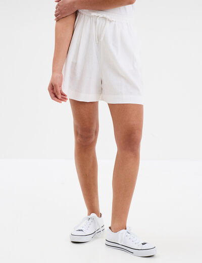 Short en lin large taille à coulisse blanc femme