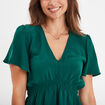 Robe évasée taille élastiquée col en V vert foncé femme