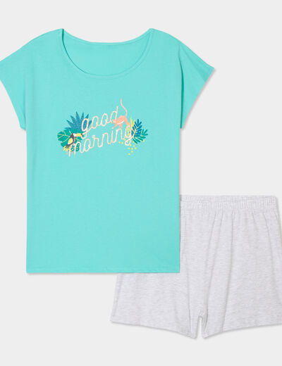 Ensemble pyjama short 2 pièces coton bleu turquoise femme