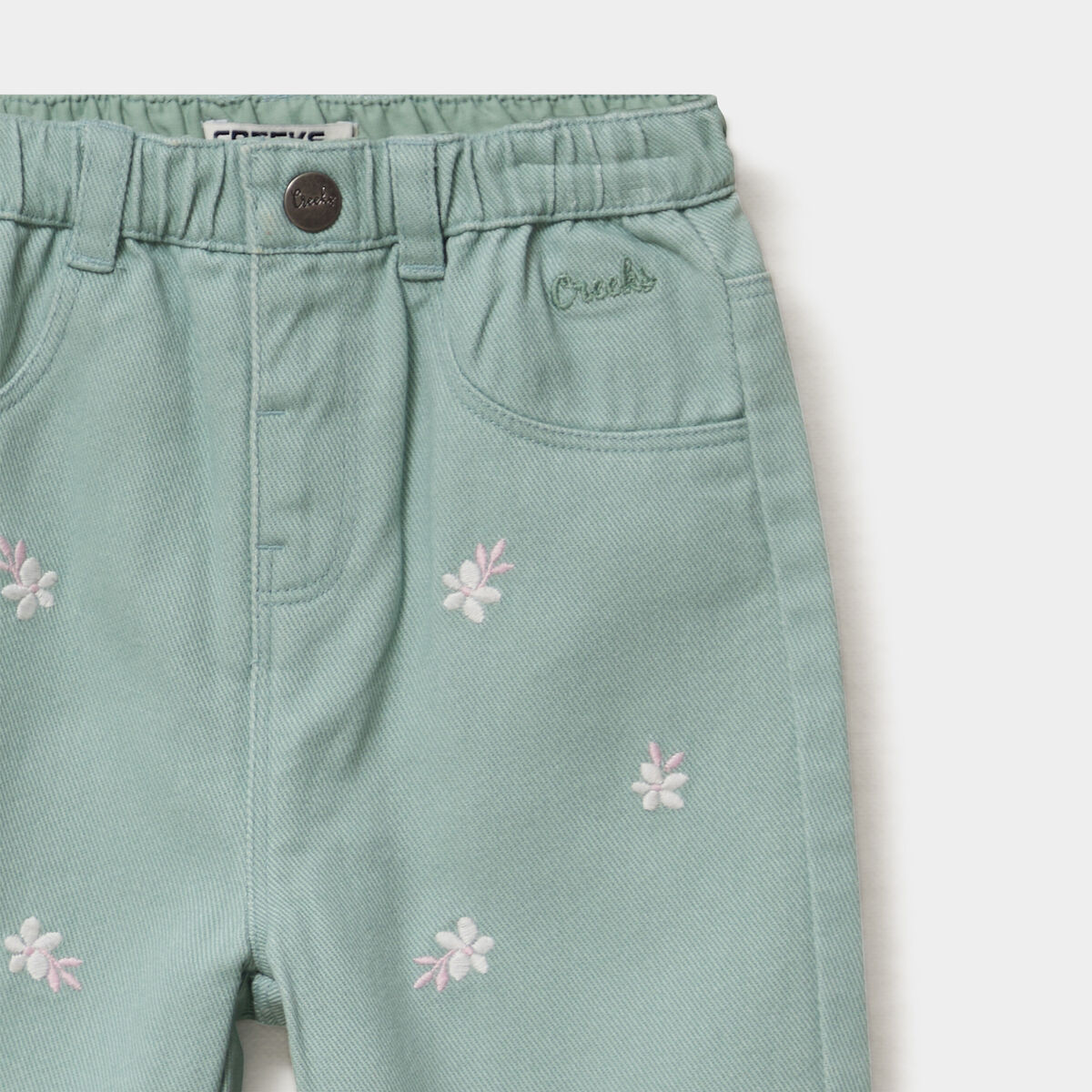 Pantalon ample brod&eacute; coton vert pastel b&eacute;b&eacute; fille