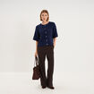Gilet boutonn&eacute; manches courtes col rond bleu fonc&eacute; femme