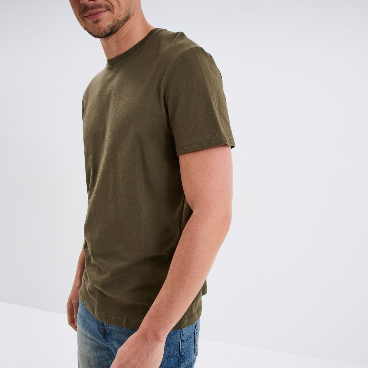 T-shirt droit en coton manches courtes vert kaki homme