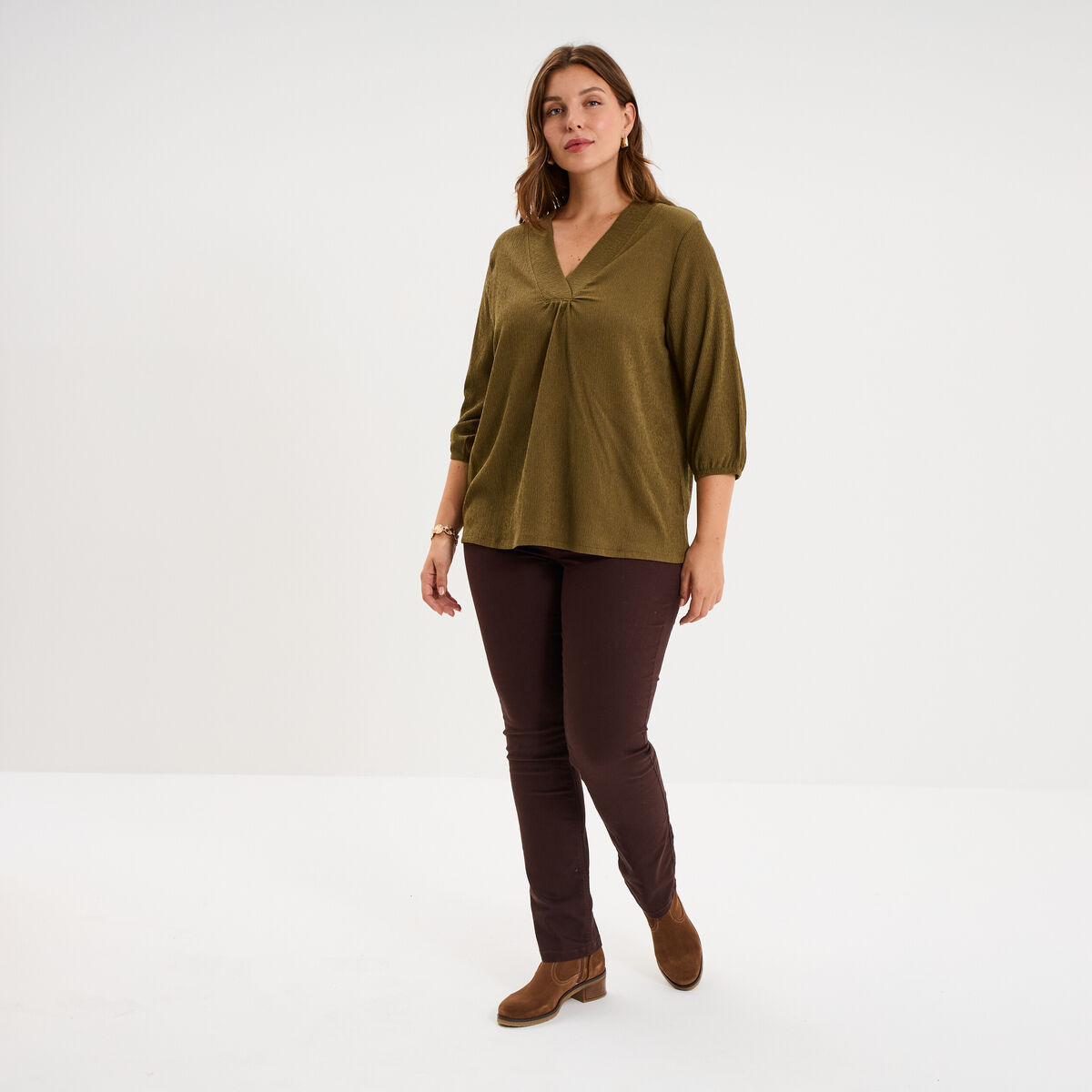 Blouse oversize manches 3/4 et col en V beige femme grande taille