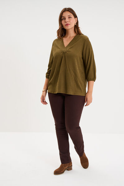Blouse oversize manches 3/4 et col en V beige femme grande taille