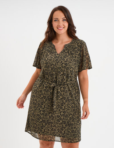 Robe col tunisien manches courtes vert kaki femme grande taille