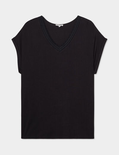 T-shirt dentelle au col Modavista noir femme grande taille