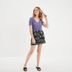 T-shirt col en V côtelé violet foncé femme