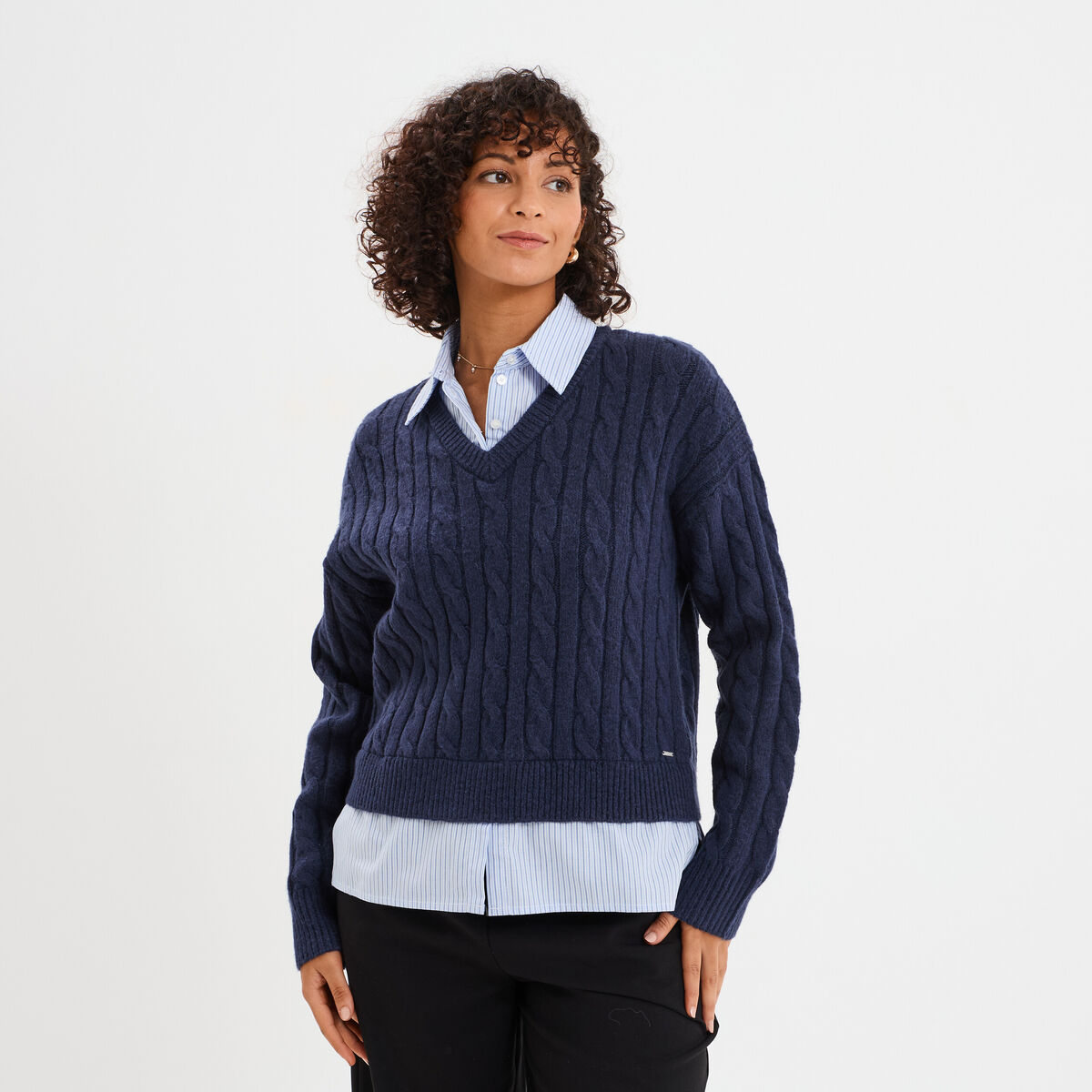 Pull torsades effet 2-en-1 chemise bleu marine femme