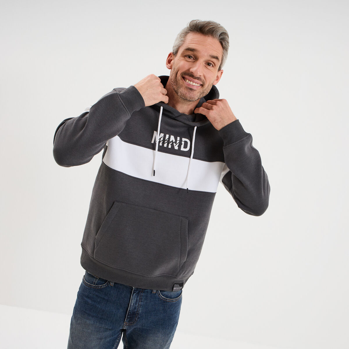 Sweat hoodie molleton manches longues gris fonc&eacute; homme
