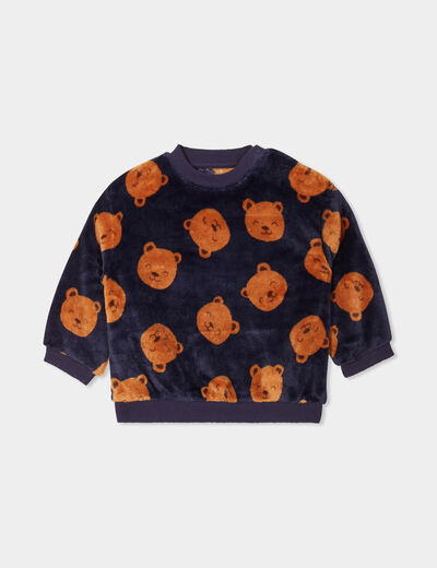Sweat aspect velours manches longues bleu marine bébé garçon