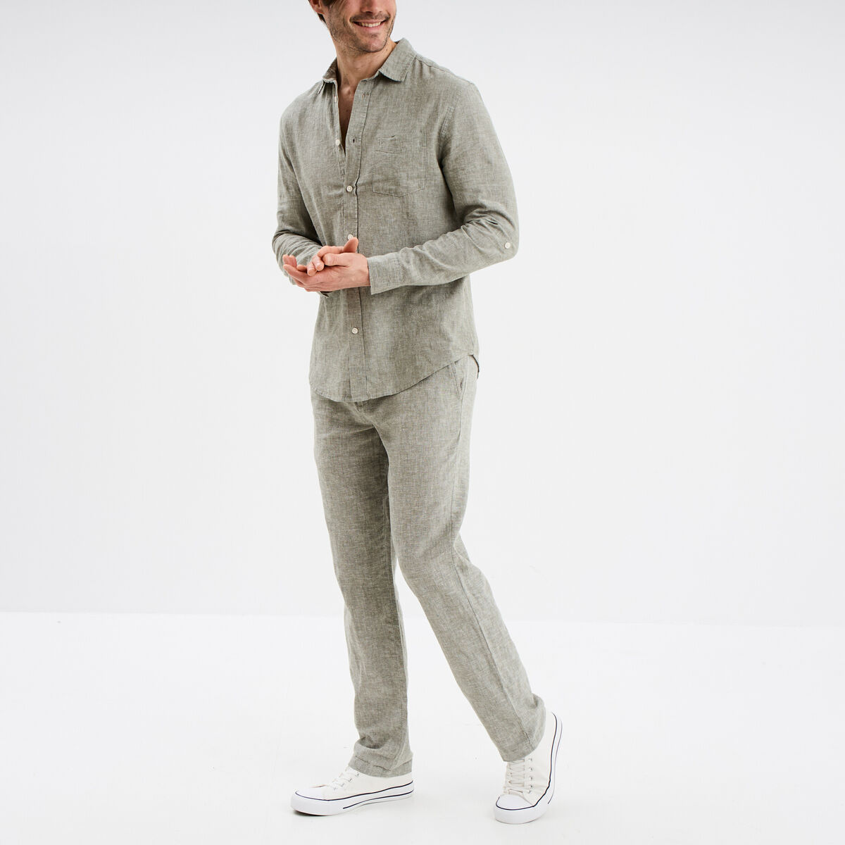 Chemise manches longues lin m&eacute;lang&eacute; vert kaki homme