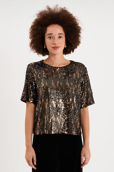 T-shirt &agrave; sequins manches courtes couleur cuivre femme