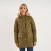 Parka cintr&eacute;e capuche fausse fourrure vert kaki femme