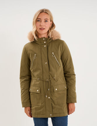 Parka cintr&eacute;e capuche fausse fourrure vert kaki femme