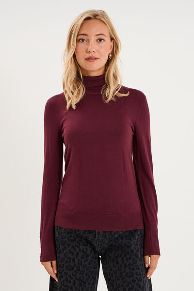 Pull col roul&eacute; avec boutons poignets violet fonc&eacute; femme