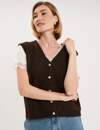 Gilet sans manches col V boutonn&eacute; marron fonc&eacute; femme