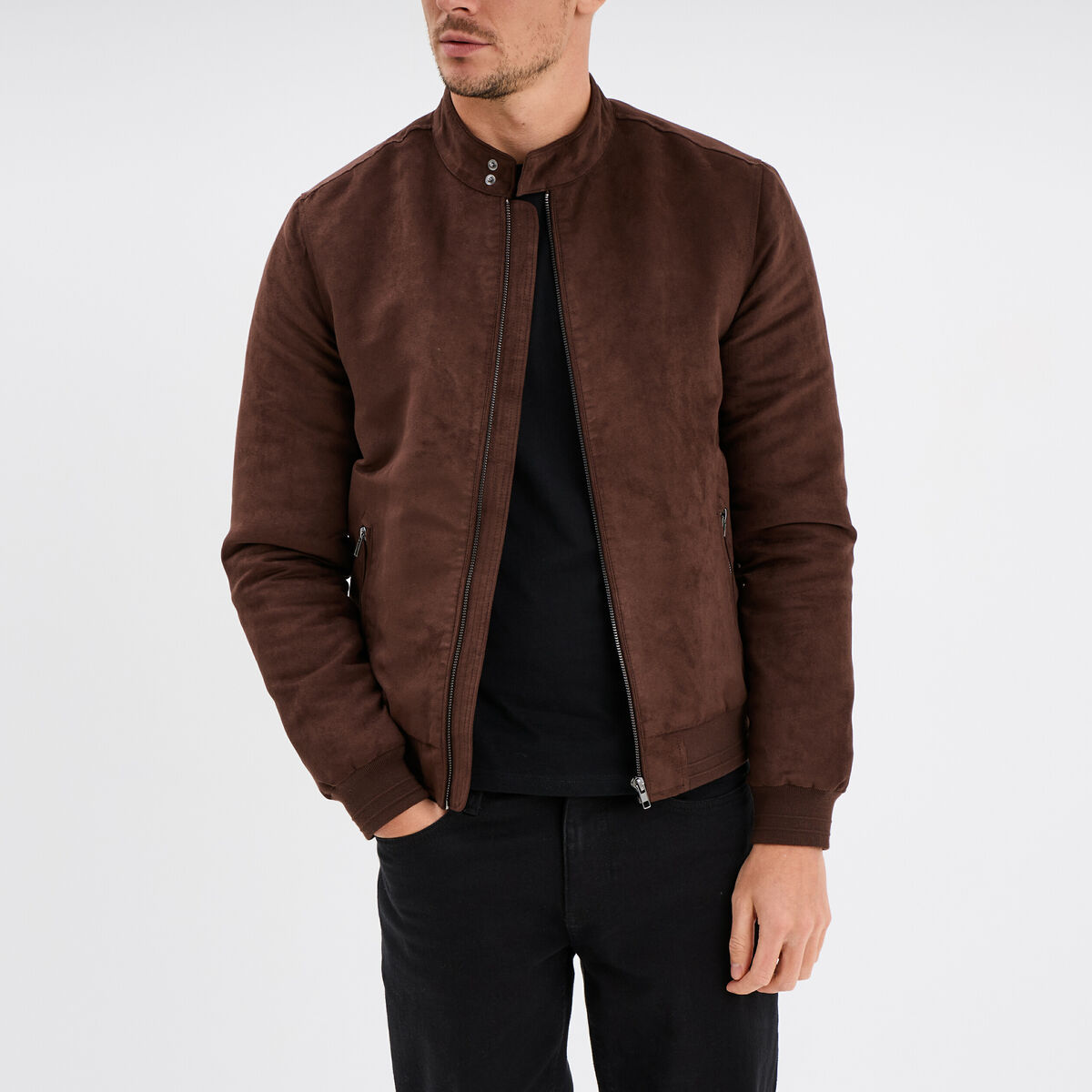 Blouson col biker en su&eacute;dine zipp&eacute; marron fonc&eacute; homme