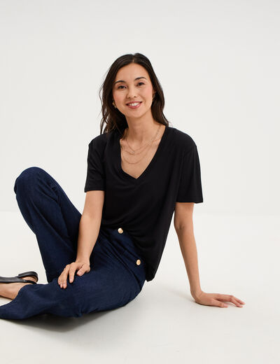 T-shirt fluide col en V manches courtes noir femme