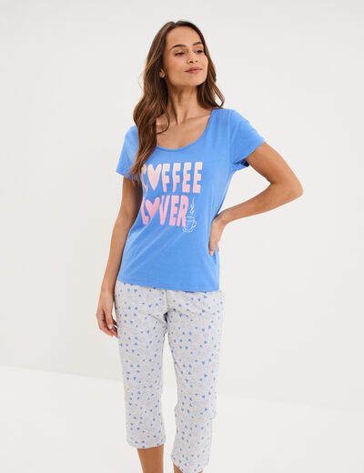 Ensemble pyjama corsaire 2 pi&egrave;ces coton bleu electrique femme