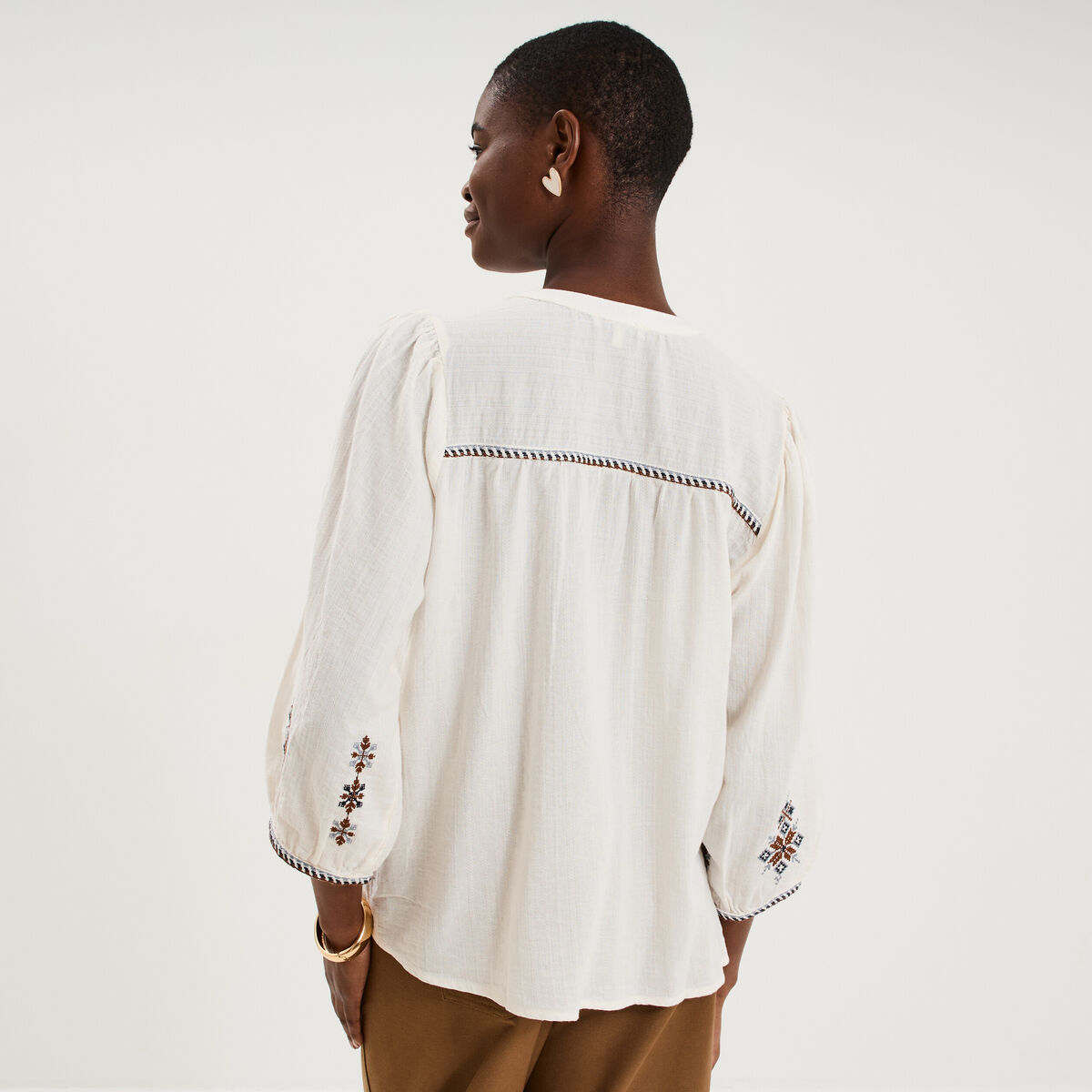 Blouse brod&eacute;e oversize manches 3/4 ecru femme