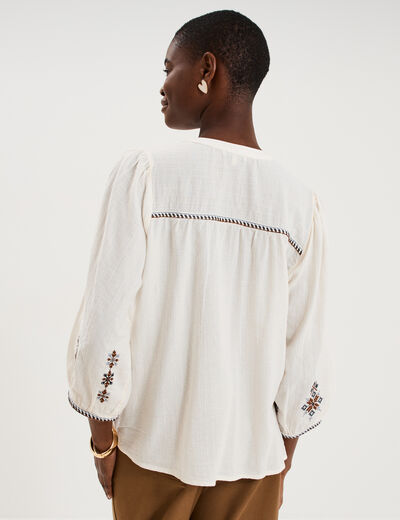 Blouse brod&eacute;e oversize manches 3/4 ecru femme
