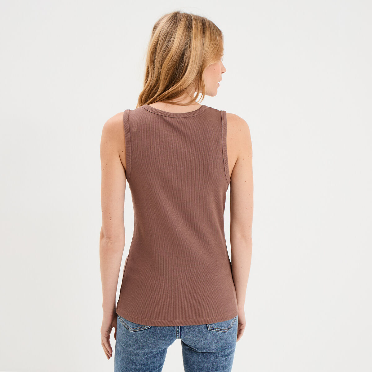D&eacute;bardeur ajust&eacute; col rond coton marron cognac femme