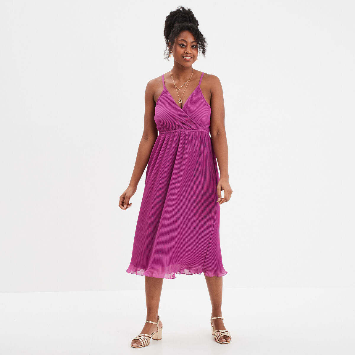 Robe longue pliss&eacute;e cache-coeur violet femme