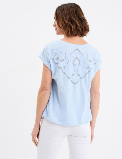 T-shirt dos dentelle brodée coton bleu ciel femme