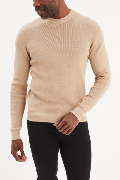 Pull en maille textur&eacute;e col rond beige homme
