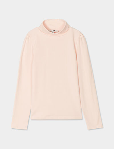 T-shirt col roulé manches longues coton rose clair fille