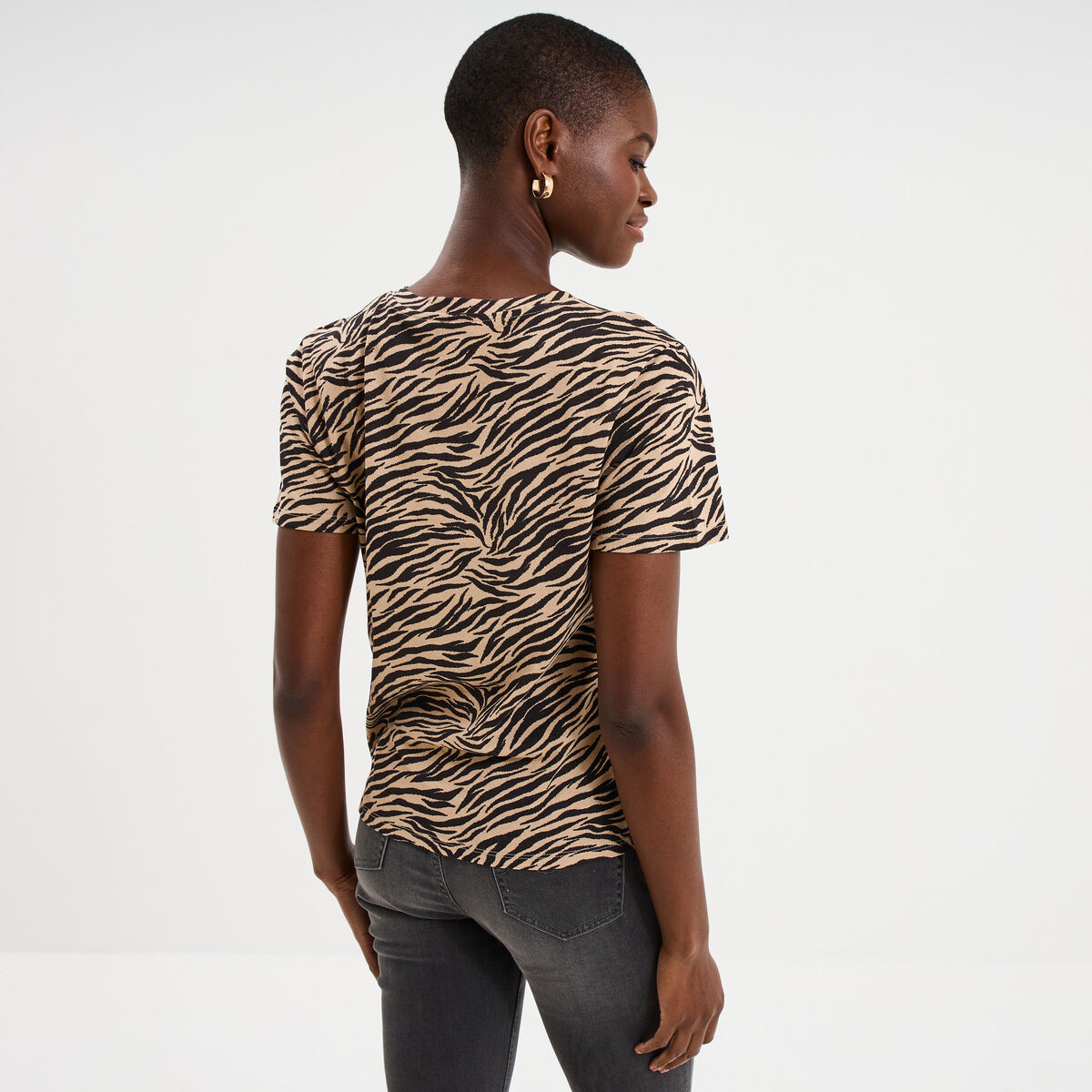 T-shirt coton col rond manches courtes beige moyen femme
