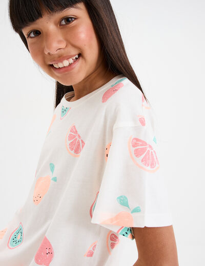 T-shirt col rond manches courtes coton ecru fille
