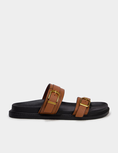Mules doubles brides &agrave; boucles marron femme