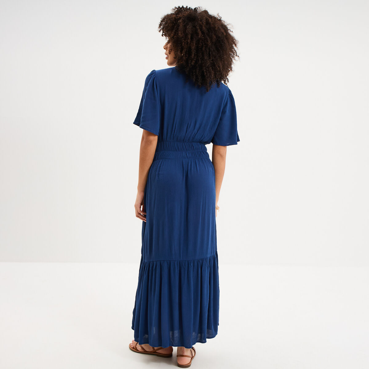 Robe longue col tunisien manches courtes bleu marine femme