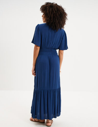Robe longue col tunisien manches courtes bleu marine femme