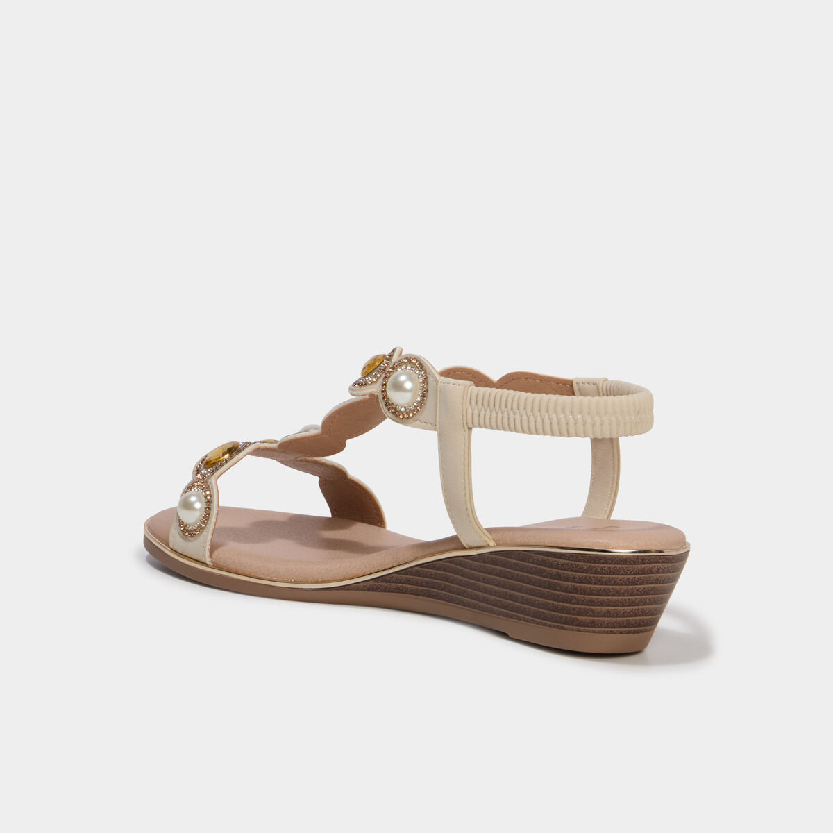 Sandales compens&eacute;es d&eacute;tails bijoux blanc femme