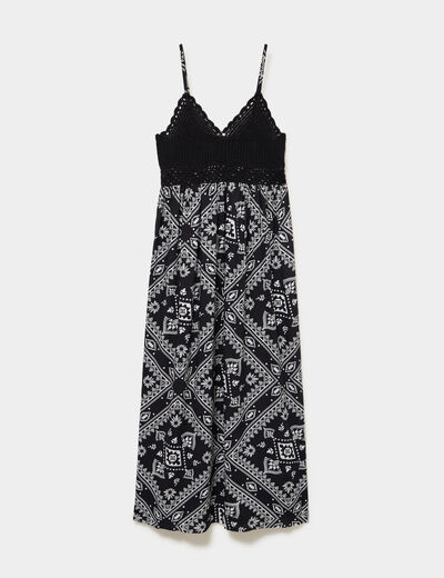 Robe longue buste effet crochet noir femme