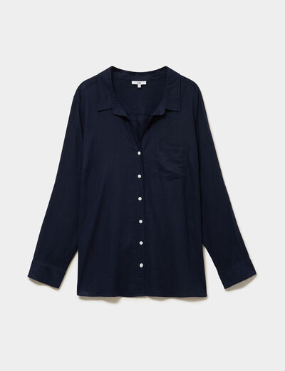 Chemise oversize lin m&eacute;lang&eacute; bleu fonc&eacute; femme grande taille