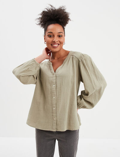 Blouse col tunisien gaze de coton Creeks vert kaki femme