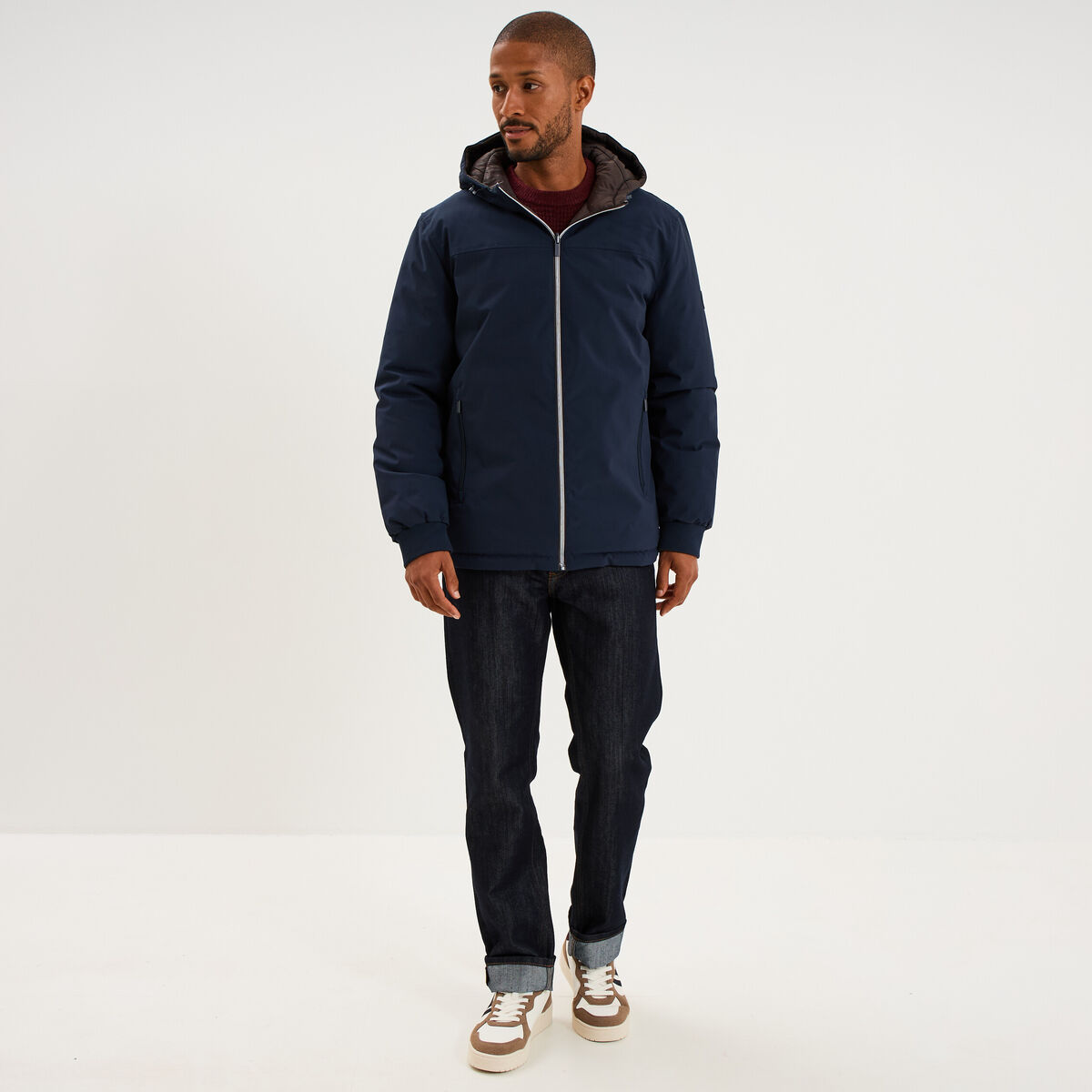Blouson r&eacute;versible &agrave; capuche zipp&eacute; bleu marine homme