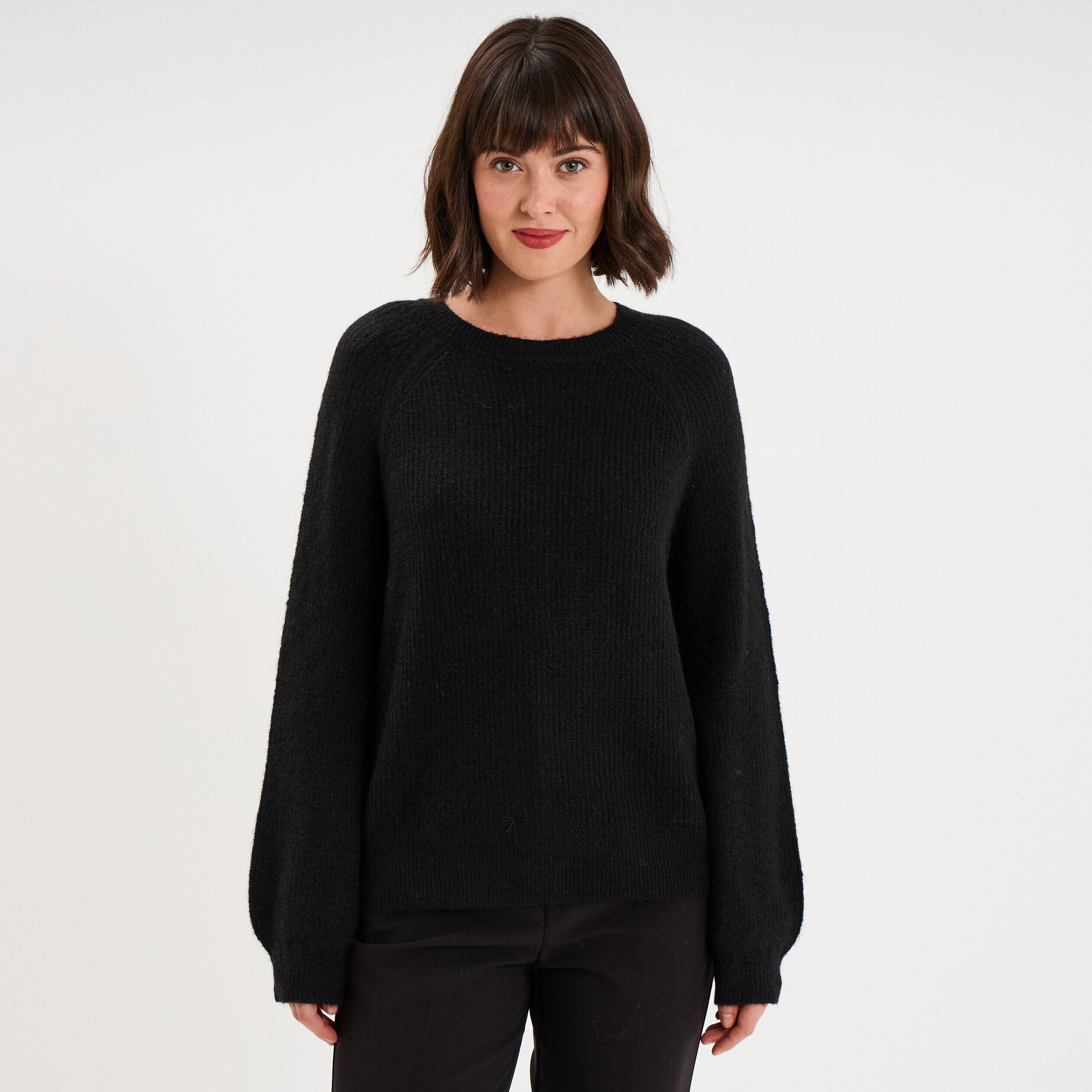 Pull col rond manches longues noir femme
